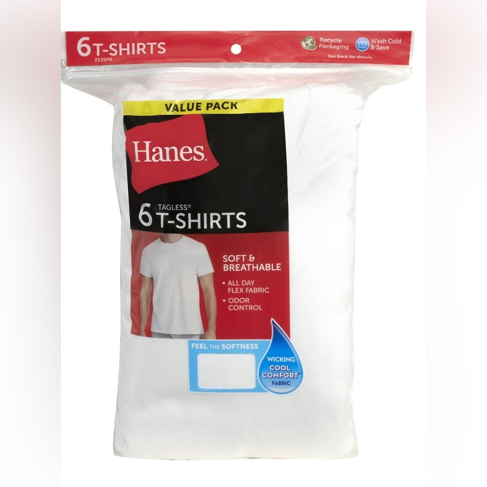 Hanes Men's Value Pack White Crew T-Shirt Undershirts, 6 Pack - Picture 2 of 8